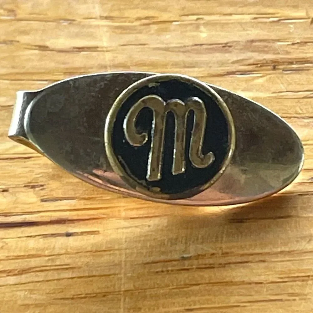 Vintage Gold Tone Black Enamel Letter M Initial Tie Clip Tie Tack Monogram